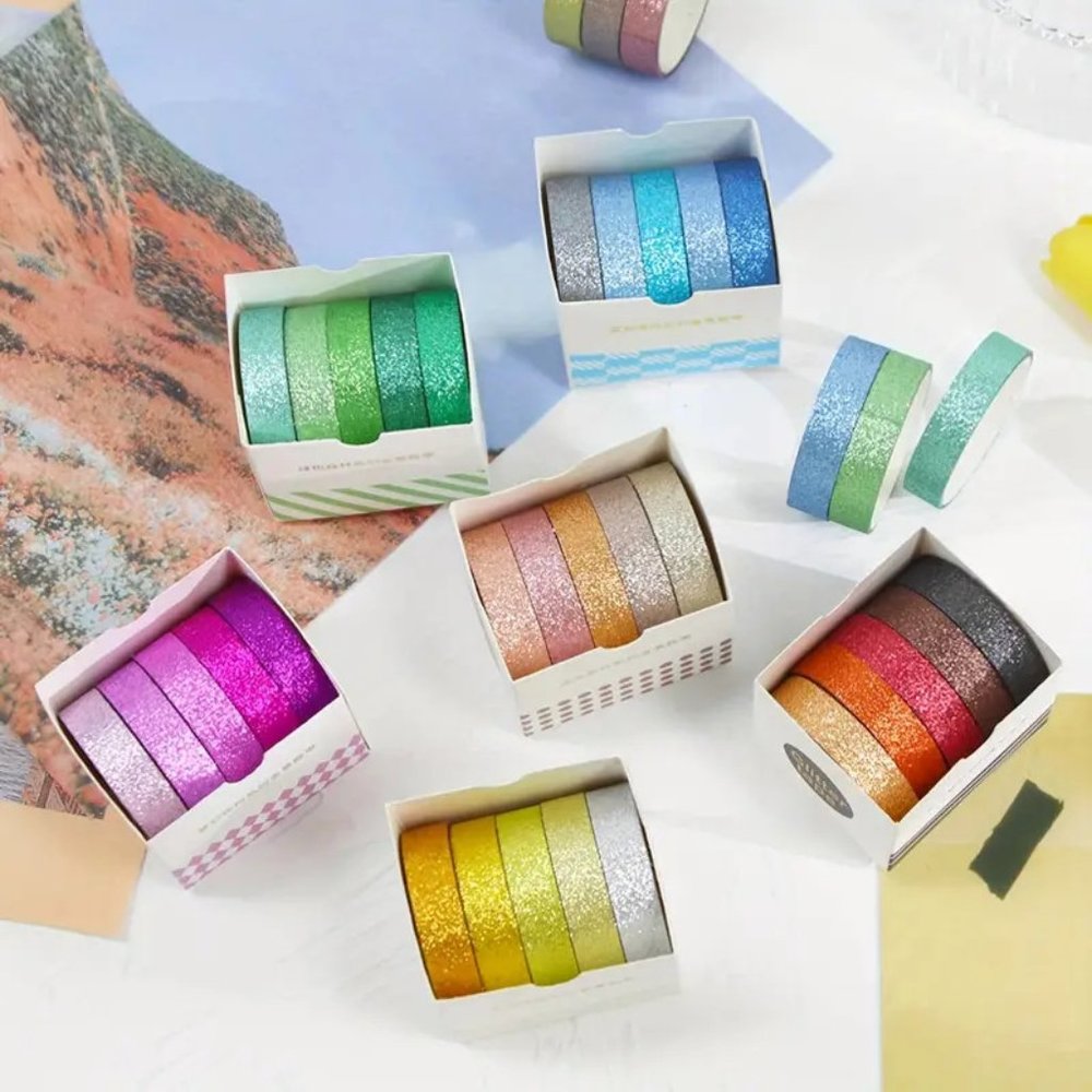 NEW Set of 6 - 5 Rolls Boxed Glitter Powder Glitter Shimmer Washi Tape - Variety - Picture 3 of 10